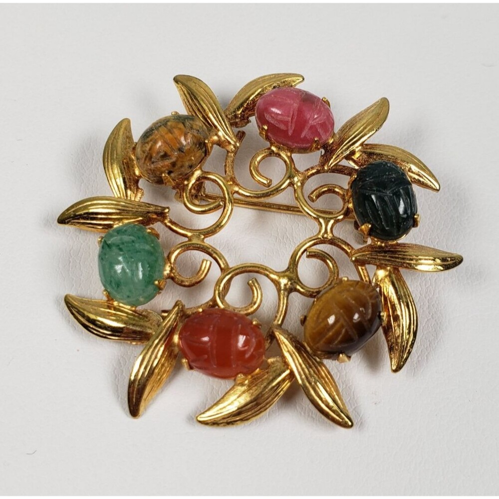 Vintage 1950 ~ 12k GF Gold Filled Scarab Multi Gemstone Round Pin Brooch